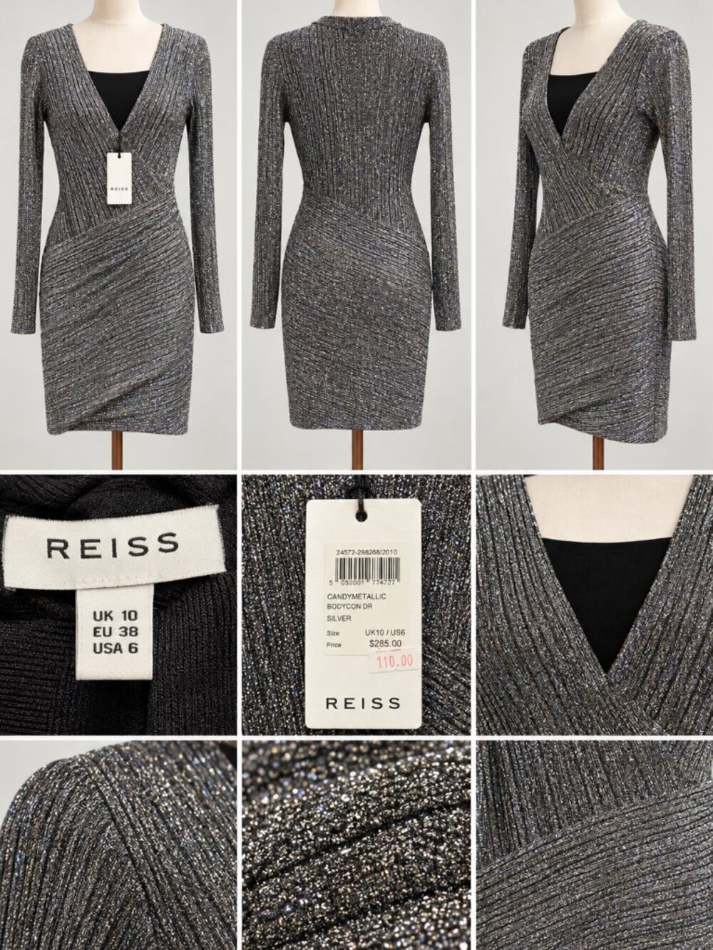 Reiss Carmen Metallic Bodycon Mini Dress – Silver – Size US 6 – NWT